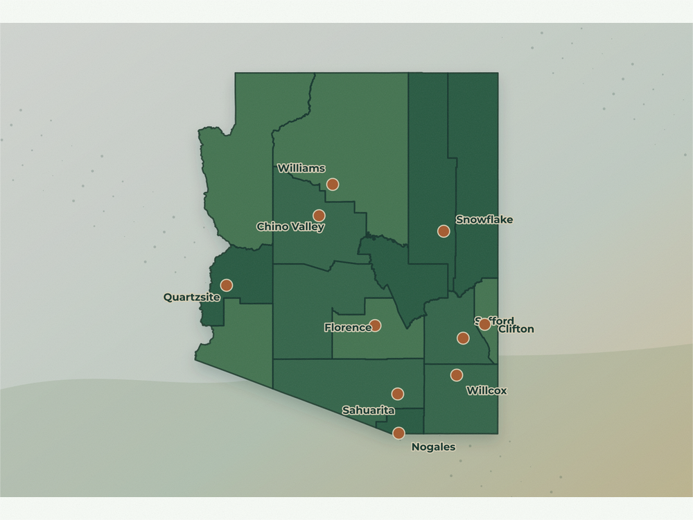 Accurate Arizona land service area map showing Snowflake, Willcox, Williams, Safford, Clifton, Quartzsite, Sahuarita, Florence, Nogales, and Chino Valley